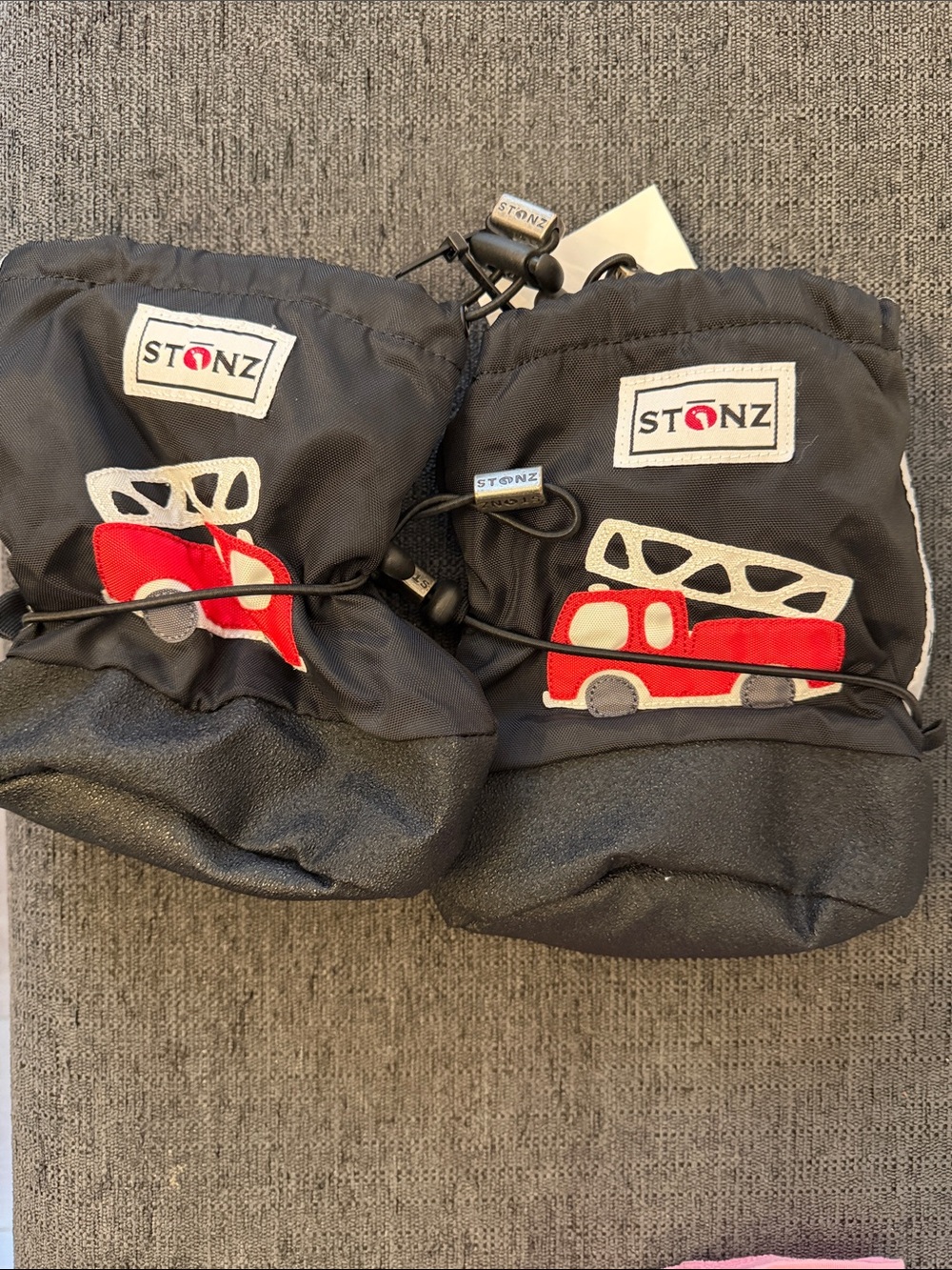 Stonz Black Kids waterproof booties with Red Firetruck size medium 6-18 months